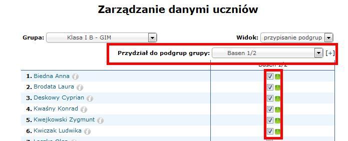 Krok 5. Następnie z rozwijanej listy Przydział do podgrup grupy wybieramy naszą grupę basen.