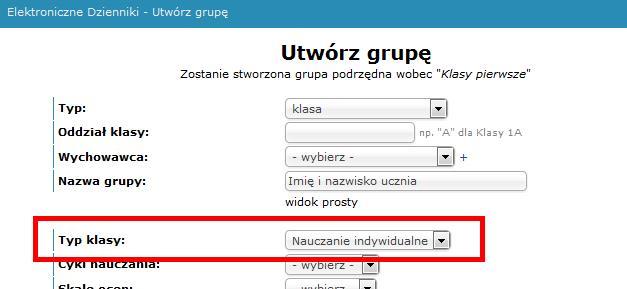 Krok 5. Jeżeli uczeń od czasu do czasu chodzi również na zajęcia z całą klasą musimy ustalić czy na tych zajęciach realizuje tematy całej klasy czy ma zupełnie niezależnie inny materiał i temat zajęć.