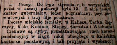 MONIKA SOBCZAK - WALIŚ Ze zbiorów Biblioteki Głównej w Kaliszu STATYSTYKA PRZESYŁEK POCZTOWYCH Kaliszanin nr 78 z 1882 Uzyskanie przez Kalisz godności miasta gubernialnego w 1867, a co za tym idzie
