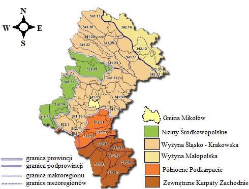 Rysunek 3 Położenie gminy Mikołów na tle jednostek fizycznogeograficznych (źródło: www.geosilesia.pl zmienione, stan na luty 2012) 3.
