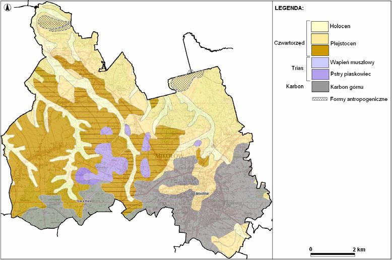 Rysunek 14 Budowa geologiczna gminy Mikołów utwory powierzchniowe (źródło: opracowanie własne na podstawie danych PIG) Najwyższym punktem na terenie gminy jest północne zbocze Góry Św.