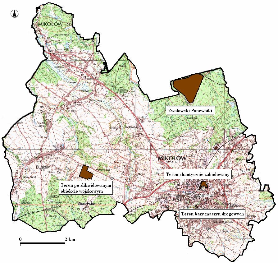 Rysunek 22 Lokalizacja terenów poprzemysłowych na terenie gminy Mikołów (źródło: Opracowanie własne na podstawie Wojewódzkiego programu przekształceń terenów poprzemysłowych i zdegradowanych wraz z