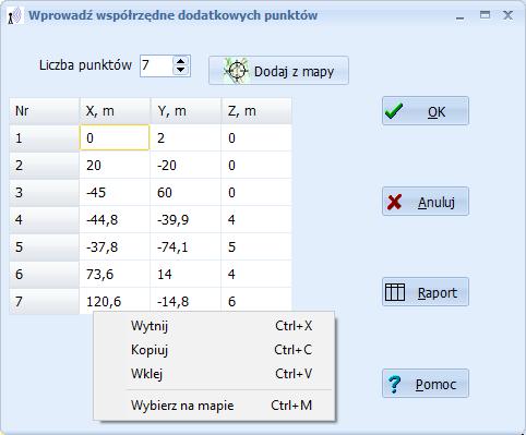 Okno "Punkty obserwacji" Okno służy do wprowadzania siatki dodatkowych punktów o współrzędnych X i Y zdefiniowanych przez użytkownika, które znajdą się na wykresie poziomym.