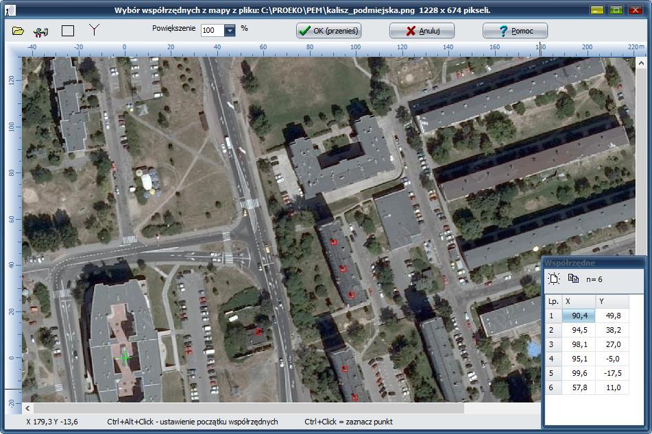 Okno Wybór współrzędnych z mapy Okno służy do graficznego odczytu współrzędnych z mapy terenu. W celu zaznaczenia współrzędnych punktu, należy kliknąć myszą z wciśniętym przyciskiem Ctrl.
