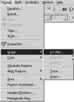 54 Mathcad. Ćwiczenia Rysunek 4.18. Zakładka X-Y Axes w oknie Formatting Currently Selected X-Y Plot Rysunek 4.19. Polecenie X-Y Plot w podmenu Graph w menu Format Rysunek 4.20.