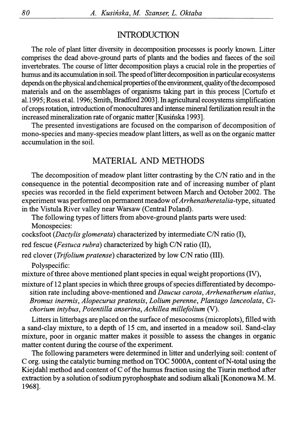 80 A. Kusińska, M. Szanser, L. Oktaba INTRODUCTION The role of plant litter diversity in decomposition processes is poorly known.