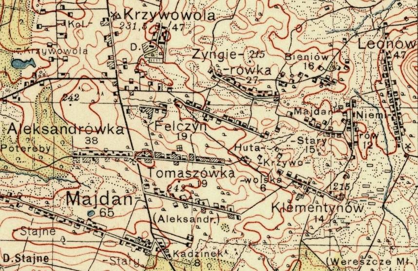 Wycinek z mapy o skali 1:100 000. Wojskowy Instytut Geograficzny. Warszawa 1938r ; Opracowano na podstawie Mapy 1: 25 000 z r.1936. Rejowiec Pas 44 Słup 36.