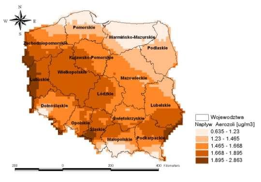 Rysunek 2-11 Napływ aerozoli [µg/m 3 ] na obszar Polski w 2005 r. Rysunek 2-12 Wielkość stężęń aerozoli w Polsce w 2005 r.