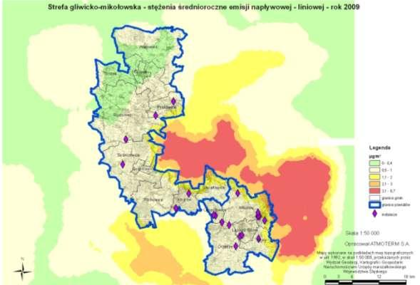 Analiza rozkładu stężeń ze źródeł powierzchniowych leżących poza strefą gliwicko mikołowską wskazuje, iż najwyższy wpływ na jakość powietrza źródeł emisji powierzchniowej widoczny jest w obrębie