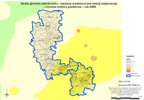 Rysunek 2-20 Rozkład stężeń średniorocznych pyłu PM10 ze źródeł punktowych zlokalizowanych poza strefą gliwicko mikołowską pas 30 km od strefy i wysokie emitory poza tym pasem 30 km - roku bazowym