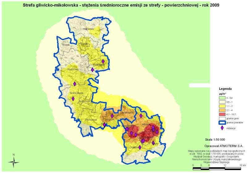 Rysunek 2-24 Stężenia średnioroczne emisji pyłu zawieszonego PM10 ze w strefie