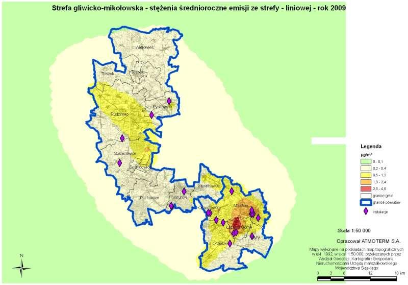 Rysunek 2-26 Stężenia średnioroczne emisji pyłu zawieszonego PM10 ze w strefie gliwicko - mikołowskiej ze źródeł liniowych w 2009 roku (źródło: opracowanie własne) udział w obszarze przekroczeo
