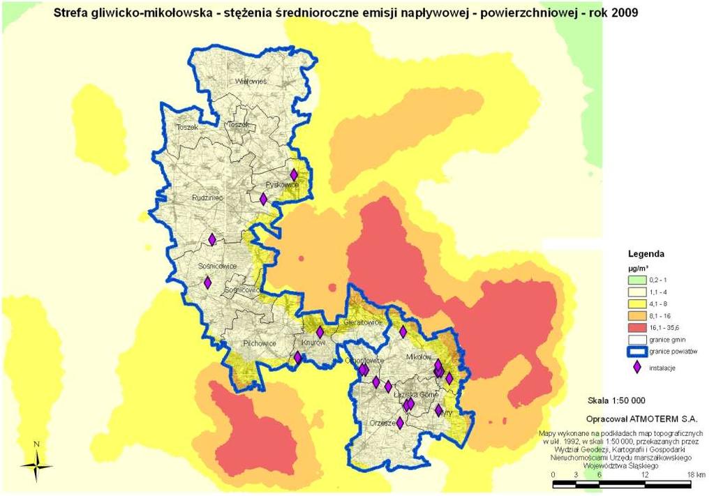 Rysunek 2-38 Stężenia średnioroczne emisji napływowej ze źródeł powierzchniowych w strefie