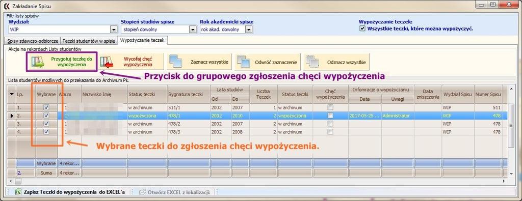 Gdy już wybierzemy teczki które, chcemy wypożyczyć należy skorzystać z przycisku [Przygotuj teczkę do wypożyczenia].