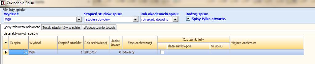 Aby to zrobić należy wybrać na panelu [Dane do założenia spisu] następujące parametry: Wydział na którym tworzymy spis, Stopień studiów (tutaj wybieramy czy