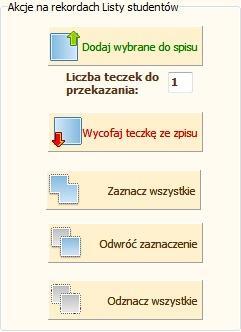 Sekcja (1) Lista Spisów prezentuje tą samą listę spisów co pierwsza zakładka. Natomiast w tej zakładce domyślnie prezentowane są spisy otwarte czyli takie, do których możemy dodać teczki studentów.