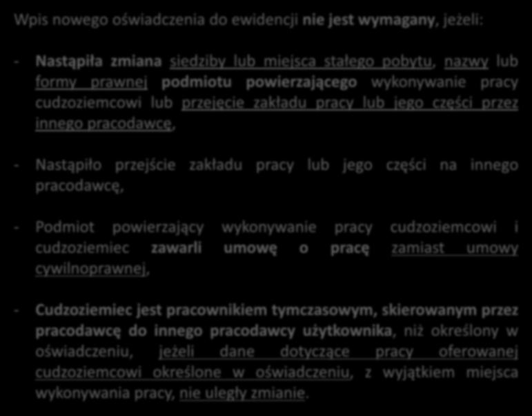 Oświadczenie o powierzeniu pracy cudzoziemcowi - brak wymogu nowej wpisu - Wpis nowego oświadczenia do ewidencji nie jest wymagany, jeżeli: - Nastąpiła zmiana siedziby lub miejsca stałego pobytu,