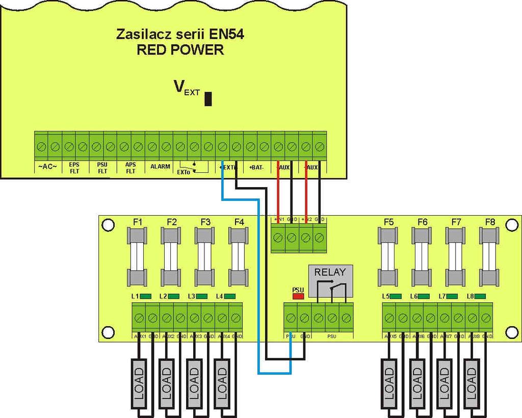 Sposób podłączenia zewnętrznych urządzeń do wejścia EXTi został przedstawiony na poniższym schemacie elektrycznym. Jako źródło sygnału można wykorzystać wyjścia OC (open collector) lub przekaźnikowe.