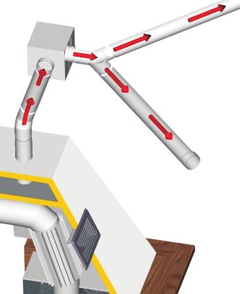 Gdy temperatura w kapie kominka osiągnie nastawioną wartość aparatu uruchamia się automatycznie wymuszając przepływ ciepłego powietrza, poniżej tej temperatury aparat samoczynnie się wyłącza (np.