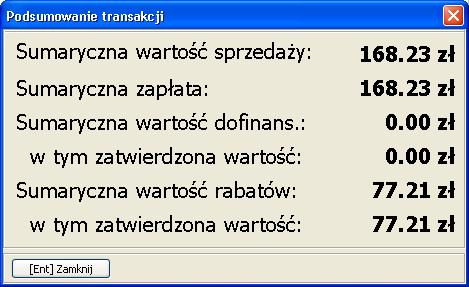 Podsumowanie sprzedaŝy dofinansowanej znajduje się po wybraniu funkcji [F6] Suma. Na ekranie pojawi się okno jak na rysunku 33.