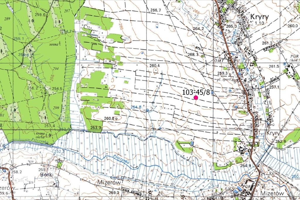 STANOWISKO ARCHEOLOGICZNE AZP 103-45/8 CZASY NOWOŻYTNE Wycinek mapy topograficznej w skali