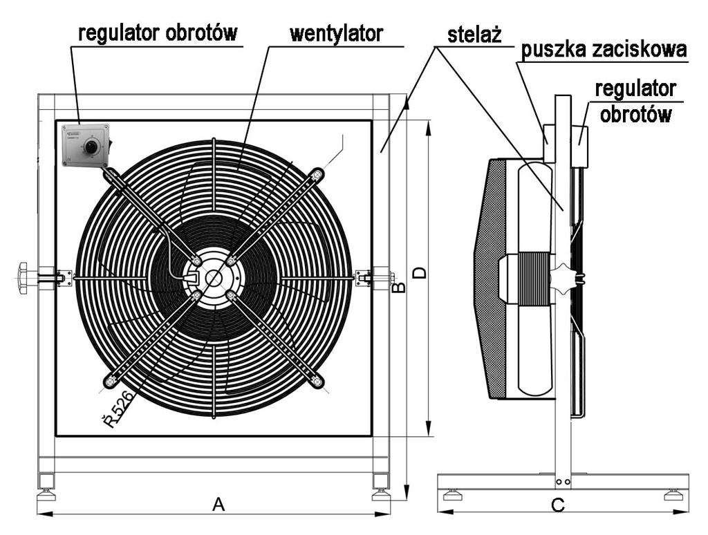 7 Urządzenie A [mm] B [mm] C [mm] D[mm] Ø [mm] Wentylator Typ