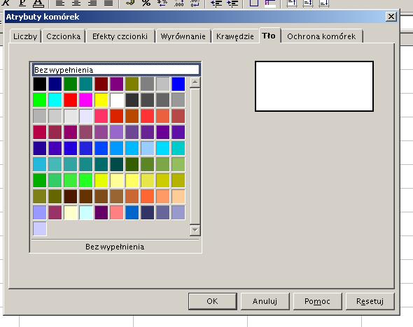 Tło umo lwa ustalene koloru dla wskazanej komórk lub zaznaczonego