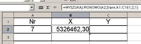 Po wpsanu wszystkch parametrów klkn cu na OK w polu B2 pojawa s współrz dna X punktu 7: Podobne uzyskuje s współrz dn Y w komórce C2, tylko w polu ndeks wpsuje