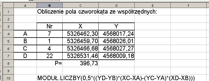 4.9. Oblczene pola czworok ta ze współrz dnych Dane s współrz dne werzchołków czworok ta A, B, C D. Oblczy pole czworok ta ze wzoru: P 0.