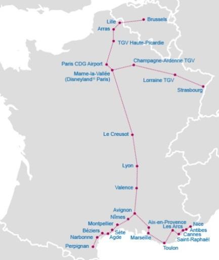Jedna z podstawowych i najbardziej obciążonych linii LGV w Europie. Początek na paryskim dworcu Gare du Nord i dalej biegnie do Lille (220 km), gdzie rozgałęzia się na dwa połączenia.