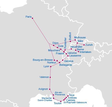 LGV Rhin-Rhône Połączenie LGV Rhin - Rhône to linia łącząca wschodnią część Francji - Dijon, Miluzę, Lyon, południową część Niemiec oraz Szwajcarię, z Lazurowym Wybrzeżem.