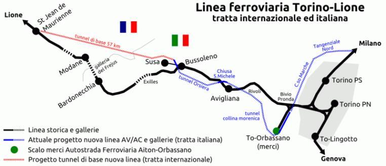 Rys. 14. Planowany przebieg linii LGV Turyn Lyon [https://www.nextquotidiano.it/wp-content/uploads/2014/10/tavtorino-lione.png] Z powodu ukształtowania terenu budowa tej linii jest sporym wyzwaniem.