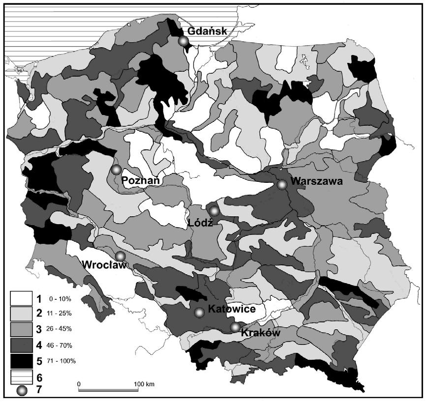 98 Po II wojnie światowej nastąpiło odwrócenie wielowiekowego trendu otwierania krajobrazu. Udział gruntów leśnych w powierzchni kraju wyraźnie rośnie w wyniku zalesień i zarastania nieużytków.