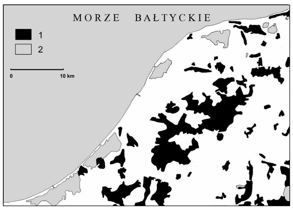 126 Ryc. 20. Zasięg lasów na Ziemi Sławieńskiej w 1789 r. 1 lasy; 2 wody (Plit 2009a) Fig. 20. The extent of forests in Sławieńska Land region in 1789.