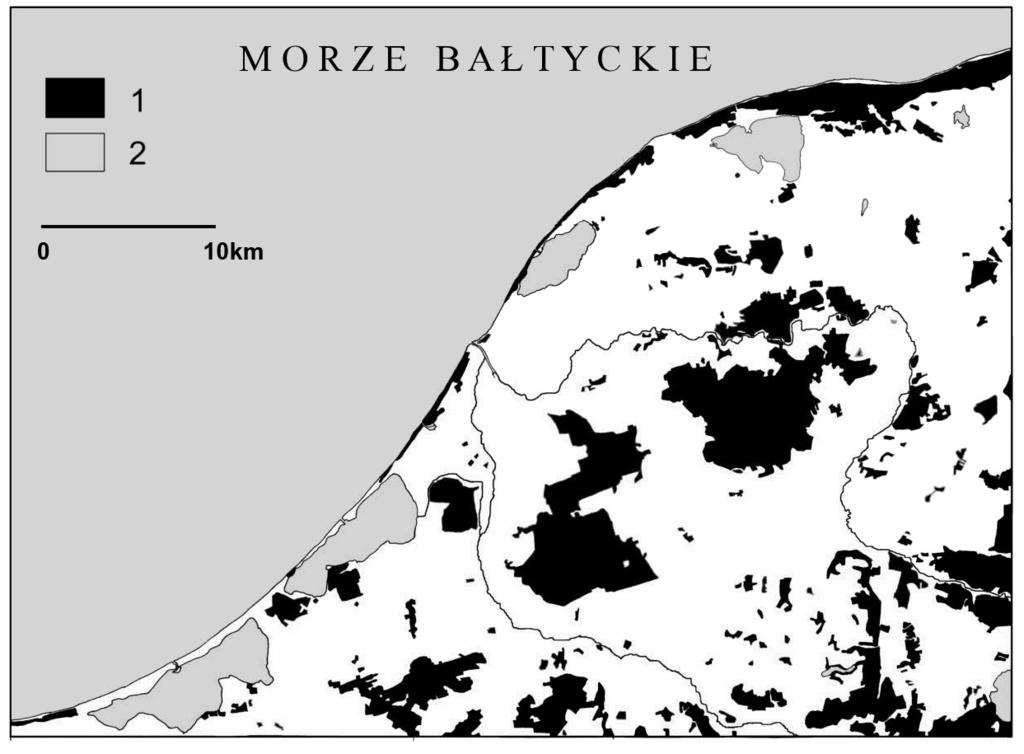 129 Ryc. 24. Zasięg lasów na Ziemi Sławieńskiej w 1892 r. 1 lasy; 2 wody (Plit 2009a) Fig. 24. The extent of forests in Sławieńska Land region in 1892.