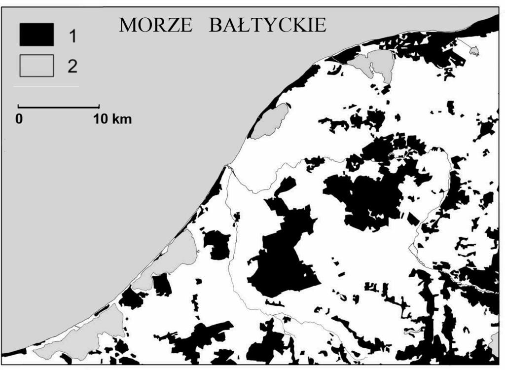 132 Ryc. 26. Zasięg lasów na Ziemi Sławieńskiej w 1994 r. 1 lasy; 2 wody (Plit 2009a) Fig. 26. The extent of forests in Sławieńska Land region in 1994.