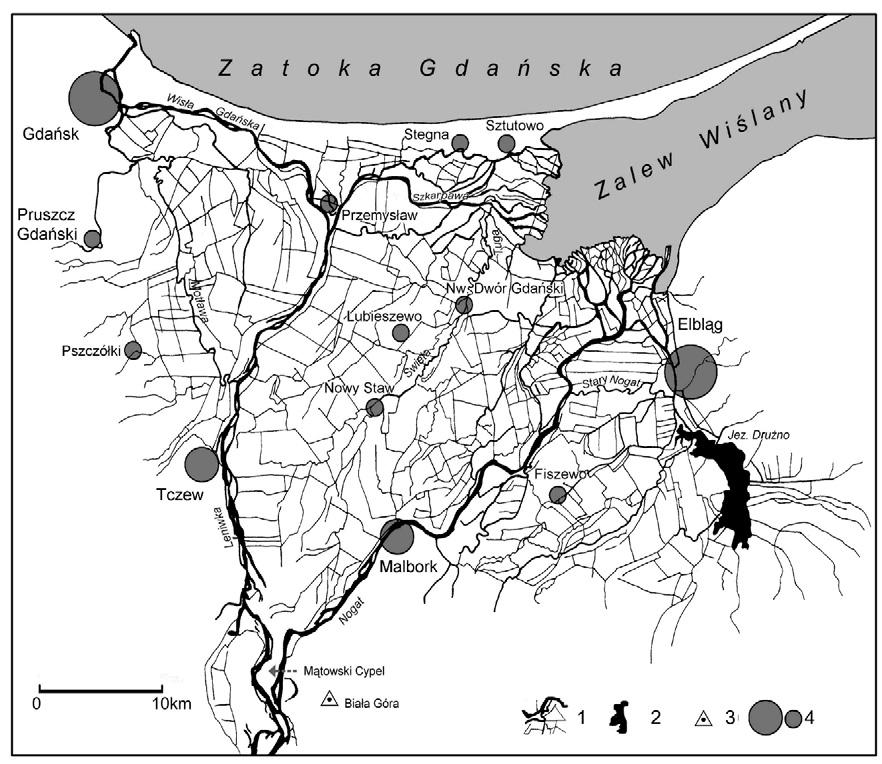 143 Ryc. 31. Uproszczony obraz delty Wisły na początku XIX wieku. 1 rzeki i kanały; 2 jeziora; 3 punkty wysokościowe; 4 wsie i miasta (Źródło: Plit 2010b, wg L. Köppin 1811) Fig. 31. Delta of Vistula river in 1811.