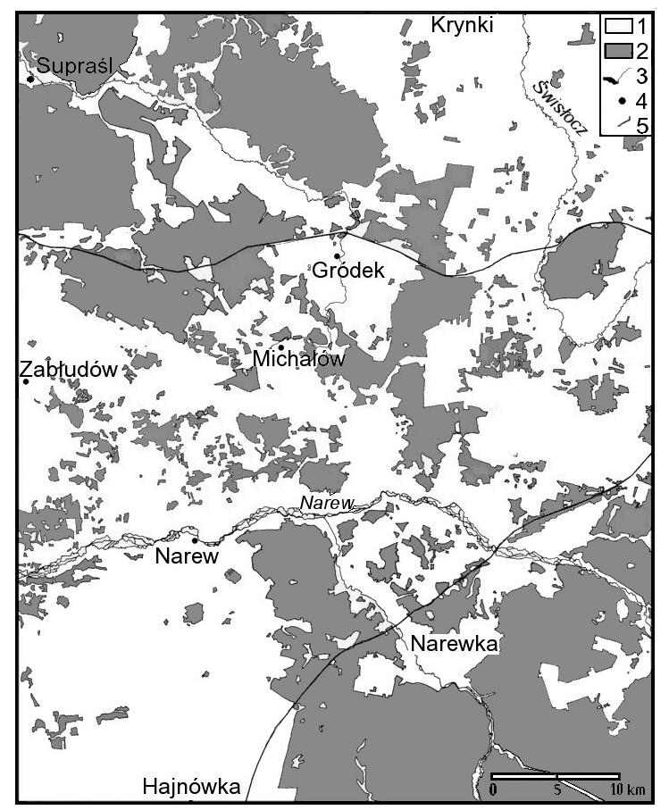 190 Ryc. 44. Zasięg lasów środkowego Podlasia w 1928 r. 1 lasy; 2 tereny nieleśne; 3 rzeki i jeziora; 4 miasta i większe wsie; 5 linie kolejowe (Źródło: mapy taktyczne WIG) Fig. 44. The extent of forests in middle Podlasie in 1928.
