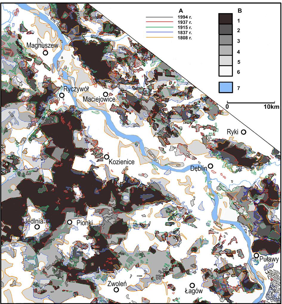 215 Analizując mapę trwałości kompleksów leśnych południowego Mazowsza w XIX i XX wieku (ryc. 59), należy zwrócić uwagę na fakt, iż znikły niemal wszystkie lasy z madowych tarasów Wisły.