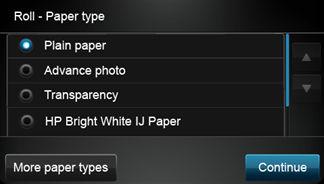 7. Na panelu przednim zostanie wyświetlone pytanie o kategorię i rodzaj papieru. Jeśli dany rodzaj papieru nie jest wyświetlony na panelu sterowania, dotknij opcji Więcej rodzajów papieru.