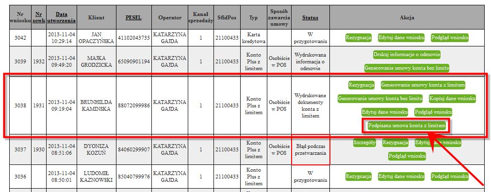 Po podpisaniu umowy przez klienta należy użyć przycisku Podpisana umowa konta z limitem dostępnego dla tego wniosku w kolumnie