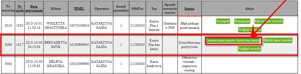 Rysunek 43: Generowanie umowy konta bez limitu 9. Wygenerowaną umowę należy wydrukować (ewentualnie można ją zapisać przed wydrukowaniem np.