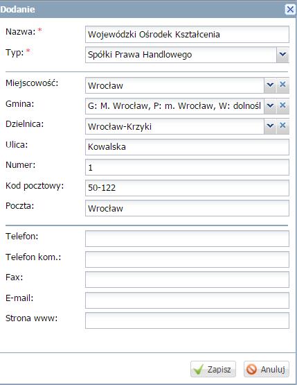 oraz kategorii typów szkół -prawy panel: lista jednostek wraz z zaawansowanymi filtrami wyszukiwania za pomocą list rozwijalnych: Typ, Miejscowość, Ulica.