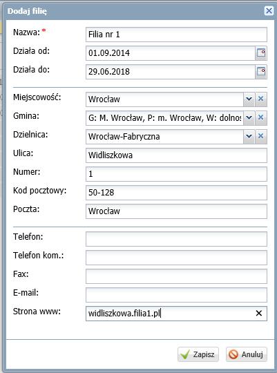 Prowadzone przez JST Przejść do wybranej jednostki złożonej W panelu roboczym kliknąć przycisk Dodawanie filii Dla danej jednostki możliwe