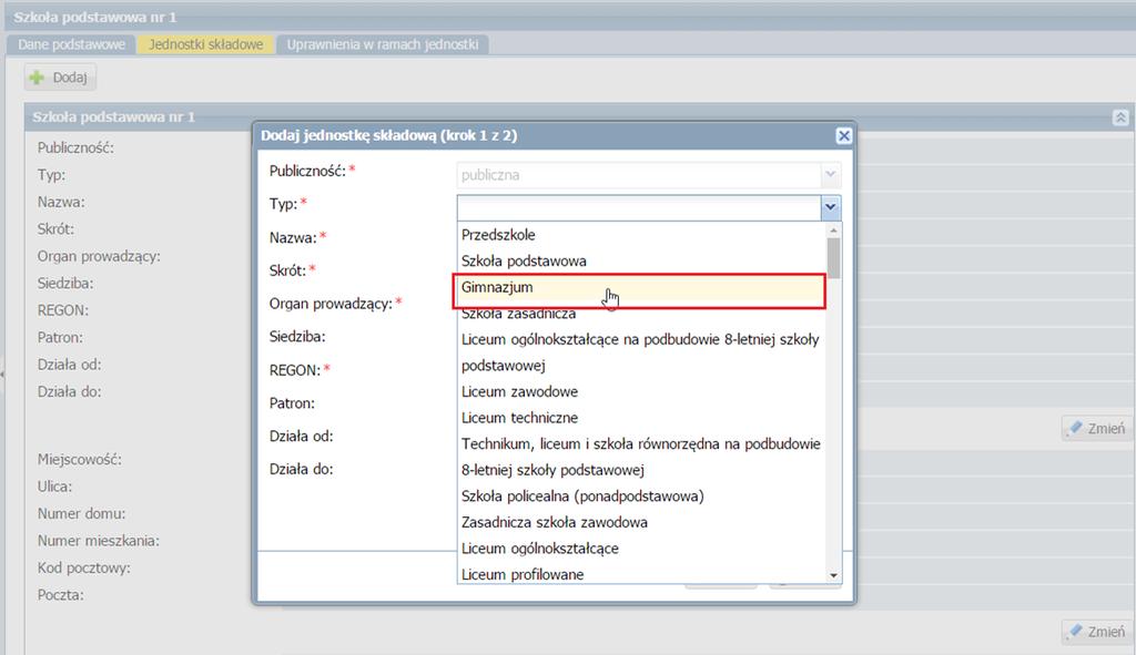 Wszystkie dane zarówno szkoły podstawowej, jak i gimnazjum należy wpisać na nowo. Nie można w tym przypadku wykorzystać danych zamkniętego gimnazjum.