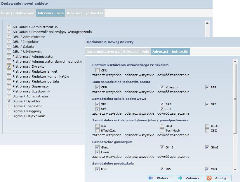 Po wypełnieniu danych podstawowych oraz wybraniu ról i jednostek adresatów redaktor zapisuje ankietę klikając.