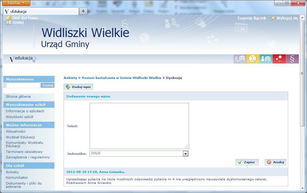 Podręcznik redaktora ankiet W przypadku, gdy użytkownik jest odbiorcą tej samej ankiety dla więcej niż jednej jednostki, przed rozpoczęciem wypełniania ankiety musi wybrać z listy placówkę w imieniu