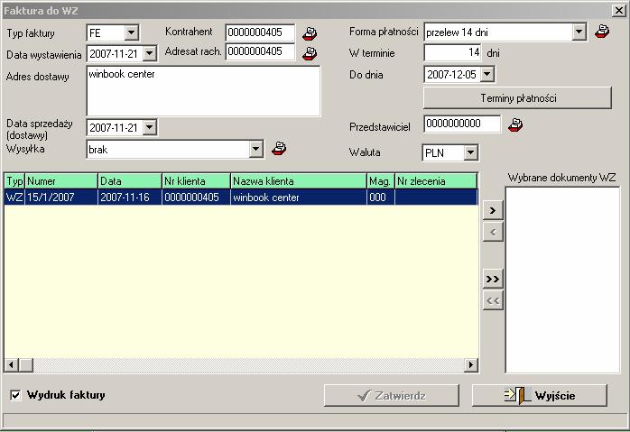 VinCent moduł GM Podręcznik użytkownika W aktualnej wersji programu możemy wystawić fakturę do wszystkich dokumentów WZ wystawionych do dnia określonego w polu Data sprzedaży(dostawy).