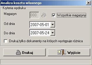 rzeczywistym kosztem własnym wynikającym z dokumentów magazynowych. Rysunek 189 28Analiza kosztu własnego opcje wydruku.