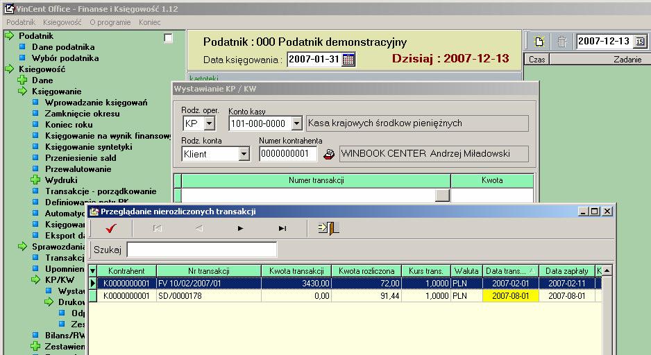 VinCent moduł GM Data wystawienia Zaksięguj dokument Rejestr Kwotę wypłacił/otrzyma ł Data dokumentu.